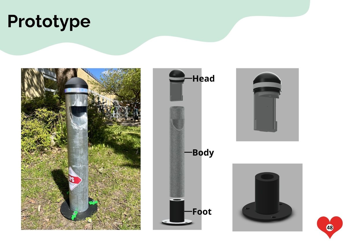 Finished prototype installed outdoors next to CAD renders of its Head, Body, and Foot modules